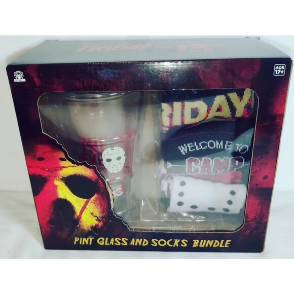 Friday the 13th 16 oz Pint Glass and 3 Pair of Crew Socks Bundle Jason Voorhees - Picture 5 of 7